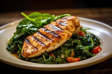 Healthy dinner grilled chicken with sauteed spinach