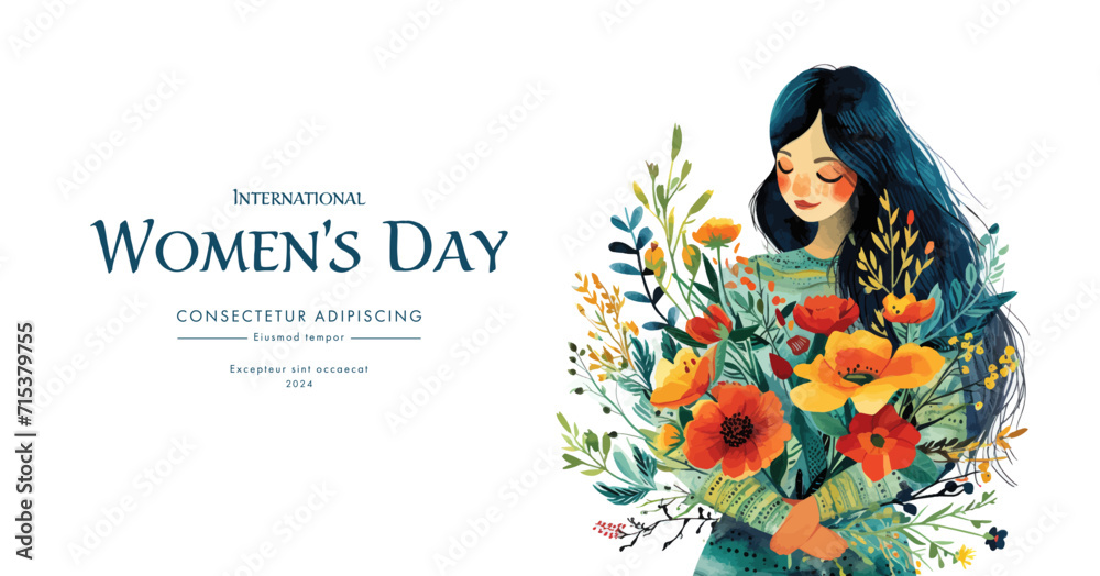 Wall mural beautiful girl with tulips. watercolor hand drawn illustration. happy women's day - Wall murals