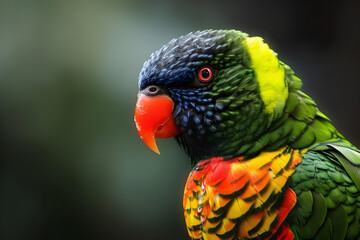 Naklejka premium Iris Lorikeet Elegance: Revealing the Mesmerizing Details in a Stunning Close-Up Capture of Nature's Avian Jewel.
