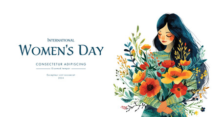 Beautiful girl with tulips. Watercolor hand drawn illustration. Happy women's day