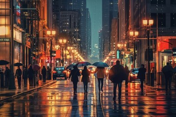 Obraz premium Cityscape with people walking along a well-lit business district street at night, Generative AI