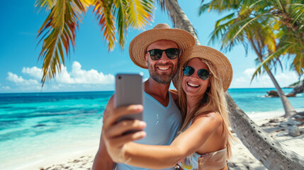couple making selfie on vacation on idyllic caribbean beach