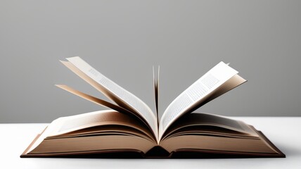 Open Hardcover Book with Pages Flipping on a White Surface Against a Grey Background, Symbolizing Active Learning and Knowledge Acquisition