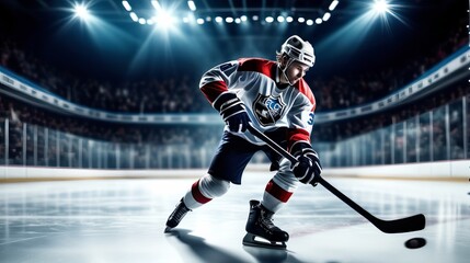 Professional Hockey Player in Action on Ice Rink, Wearing Team Jersey, Poised with Hockey Stick Under Spotlight
