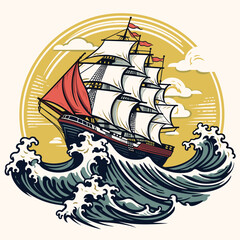 Flat Color 1940s Tattoo Sailing Ship Crashing Waves: Kid-Friendly Stencil Mascot Logo Vector