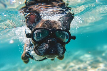 french bulldog snorkeling in the ocean on a sunny day - obrazy, fototapety, plakaty