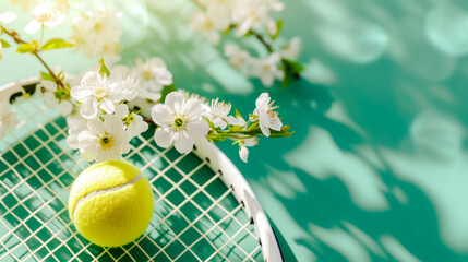 Tennis game. tennis ball on racket against tranquil backdrop of flowering branches, symbolizing rejuvenation of spring, vitality of active lifestyle, and elegant balance of tennis and healthful living