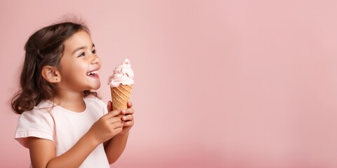 cute smiling little girl eating vanilla ice cream in a waffle cone on pink background.