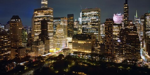 Night New York City, Manhattan famous top view. Night Manhattan from above. Manhattan panorama at...