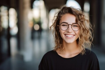 Close up portrait of a young smart caucasian woman female student teenager wearing glasses walking...