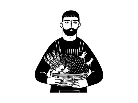Campesino simp&aacute;tico, ilustraci&oacute;n vectorial para logotipo, cesta llena de verduras y frutas, agricultor, dependiente, estilo de vida con comida sana y saludable
