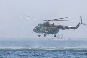 A helicopter of the Naval Forces of Ukraine at a military parade in the city of Odesa. Ukraine. August 24, 2021