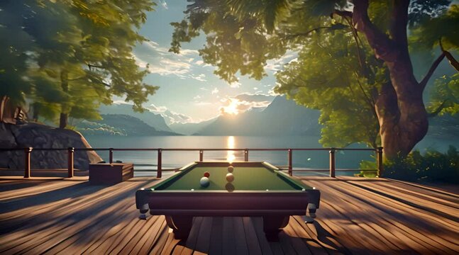 Billiards table with a beautiful view of calm nature displays a concentrated game of billiards