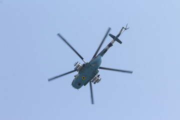 A helicopter of the Naval Forces of Ukraine at a military parade in the city of Odesa. Ukraine. August 24, 2021