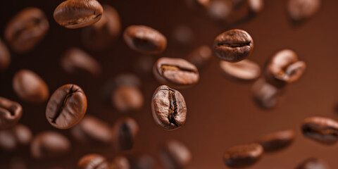 Fototapeta premium Brown Roasted Coffee Beans Closeup On Dark Background