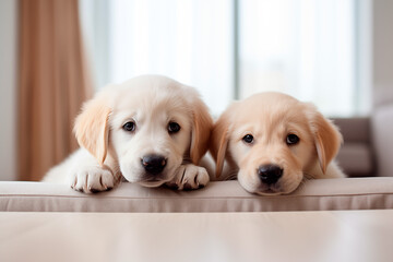 golden retriever puppies. 2puppies, white room, lying on floor, modern home.  Generated Ai