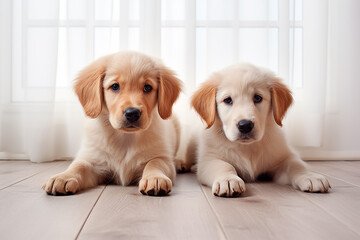 2puppies, white room, lying on floor, modern home.  Generated Ai