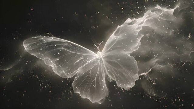 butterflt monochrome with floating around against black background Insect butterfly black silhouette, winged gorgeous animal, sparkling black and white beauty