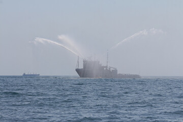 A fire warship of the Naval Forces of Ukraine at a military parade in the city of Odesa. Ukraine....