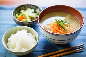 miso soup with rice, side dish of pickled vegetables