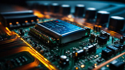 Fototapeta na wymiar Nanoscopic Cityscape: Circuit Board Microarchitecture in Technological Splendor