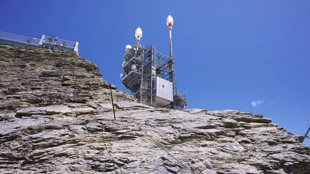 Titlis summit, tower with antennas, Uri Alps in Switzerland. Engelberg valley mountain range in Swiss Alps. popular tourism destination from Lucerne.