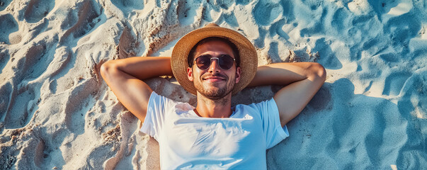 un homme allongé sur le sable, les bras derrière la tête, en train de se reposer pendant les vacances d'été, vu de dessus - obrazy, fototapety, plakaty
