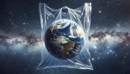Earth as if it's sealed within a plastic bag, set against a backdrop of the Milky Way, highlighting the fragility of our planet and the impact of human waste