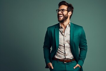 Handsome young man in a green suit and glasses. Studio shot.