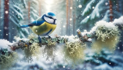  Snowy Scene with a Delightful Blue Tit Songbird Perched on a Lichen-Covered Branch, Adding Charm to the Winter Landscape. - obrazy, fototapety, plakaty