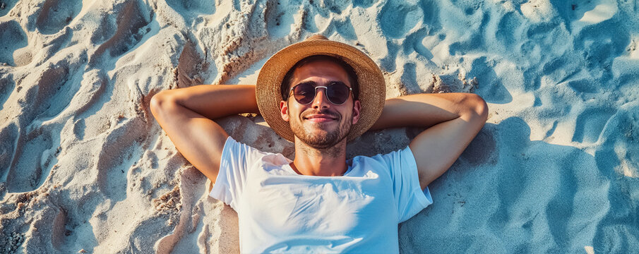 un homme allong&eacute; sur le sable, les bras derri&egrave;re la t&ecirc;te, en train de se reposer pendant les vacances d'&eacute;t&eacute;, vu de dessus