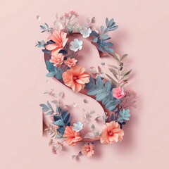 Capital S flower style flower and plant leaf design, dreamy pastel color, spring flowers - Generative AI
