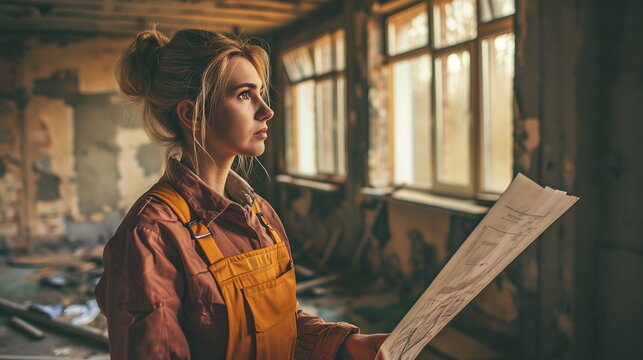 A woman interior designer or worker inspecting a building interior construction site while holding a drawing in her hand. Generative AI