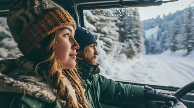 A man and woman enjoying a winter trip while driving on a snow-covered mountain road.
Side view from inside the car. Close up. Generative AI
