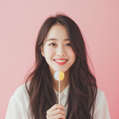 Young asian woman with long hair, holding a colorful lollipop, smiling radiantly, pink background. white day - Generative AI - obrazy, fototapety, plakaty
