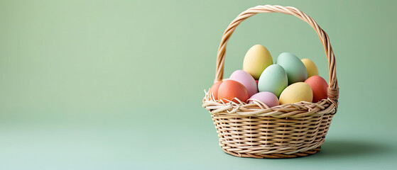 Fototapeta premium colorful Easter eggs in the basket, on a green blue background with empty copy space