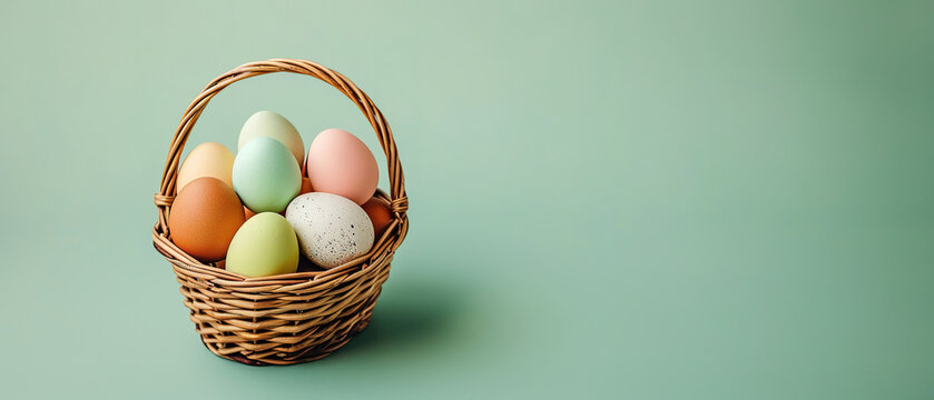 colorful Easter eggs in the basket, on a green blue background with empty copy space