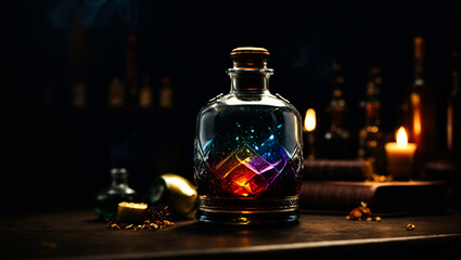 Enigma Elixirs: Bottled Potions Sparkle with Glowing Stardust Particles