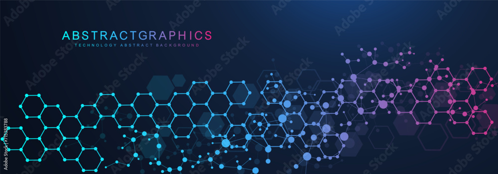 Poster modern scientific background with hexagons, lines and dots. wave flow abstract background. molecular