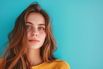 Close-up portrait of her she nice attractive lovely pretty charming cheerful cheery curious curly haired girl creating new strategy isolated over blue color background.