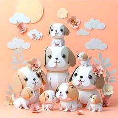 Obraz premium The cute and lovely dogs paper art, craft, surrealism, 3D digital art, simple background. Generative AI.
