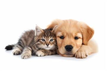 A puppy and a kitten lying side by side on a white background