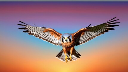 Fototapeta premium Majestic Falcon in Mid-Flight Against a Vibrant Sunset Sky - Detailed Feathers and Intense Gaze Captured