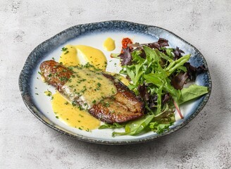Fried fish with dip cheese sauce and salad leaves served in dish isolated on grey background top view of singapore food