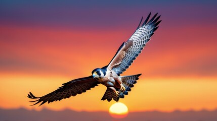 Naklejka premium Majestic Falcon Soaring in Colorful Sunset Sky with Spread Wings