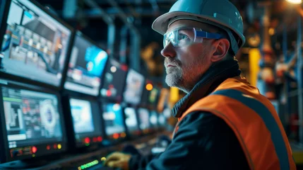 Fotobehang Industrial Engineer Monitoring Progress. Expert engineer in hard hat at control panel with multiple screens in an industrial facility. © GustavsMD
