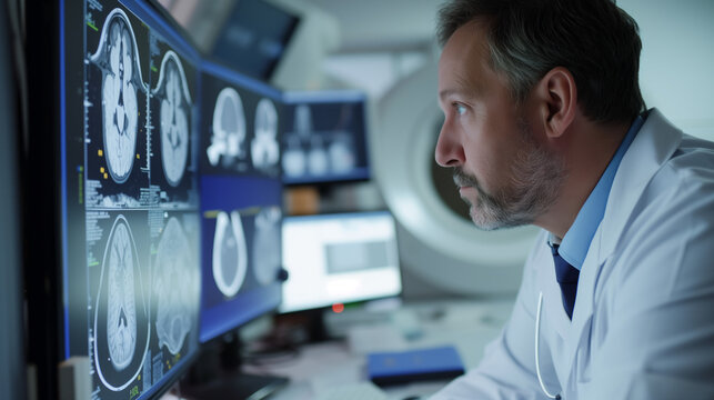 Medical Expert Studying CT Scan Images. Concentrated doctor analyzing computed tomography scans in the lab.