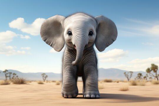  a baby elephant standing in the middle of a desert with a blue sky and white clouds in the back ground.