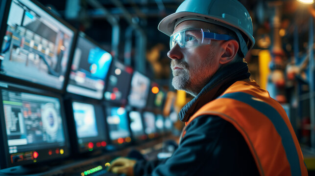 Industrial Engineer Monitoring Progress. Expert engineer in hard hat at control panel with multiple screens in an industrial facility.