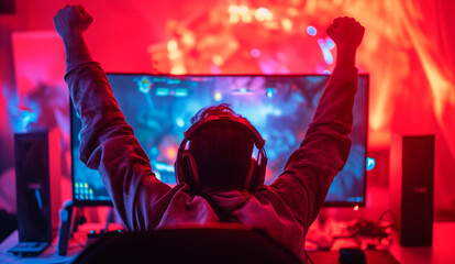 Gamer's Victory Celebration. Gamer with raised fists celebrating a win in front of computer screen, vibrant red lighting.